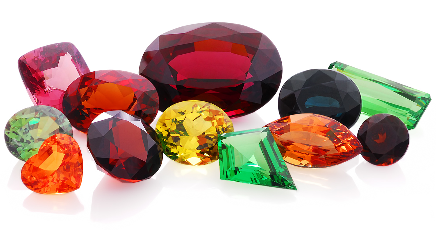 Colorful Garnet Family: Almandite, Blue Garnet, Demantoid, Hessonite, Malaia Garnet, Mali Garnet, Pyrope, Rhodolite, Spessartite, Tsavorite